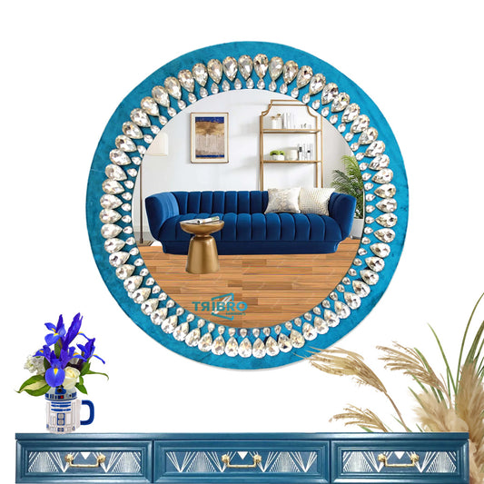 TriBro Round Shape Attractive Handmade Wall Mirror with Blue and Silver