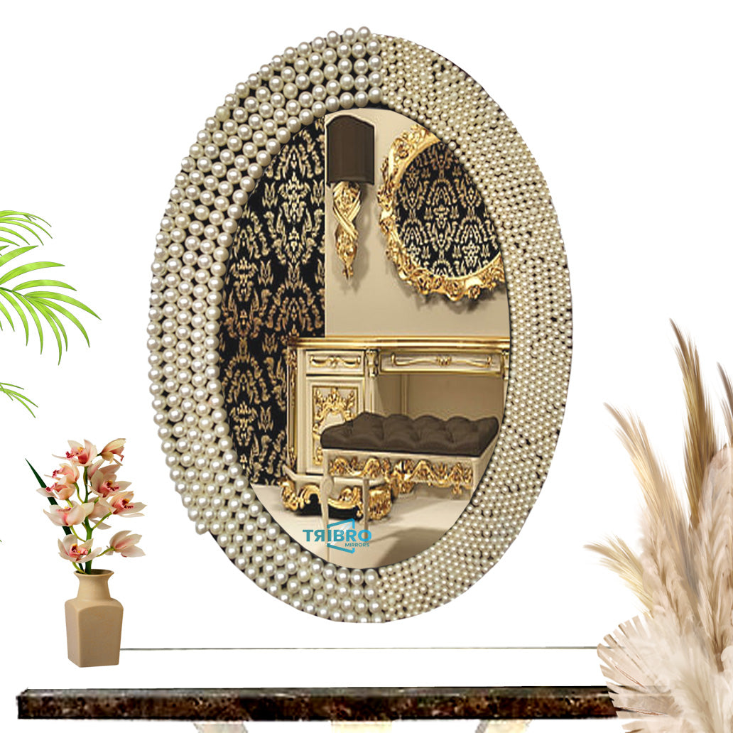 Tribro Oval Shape Luxury Handmade Wall Mirror in white Beads