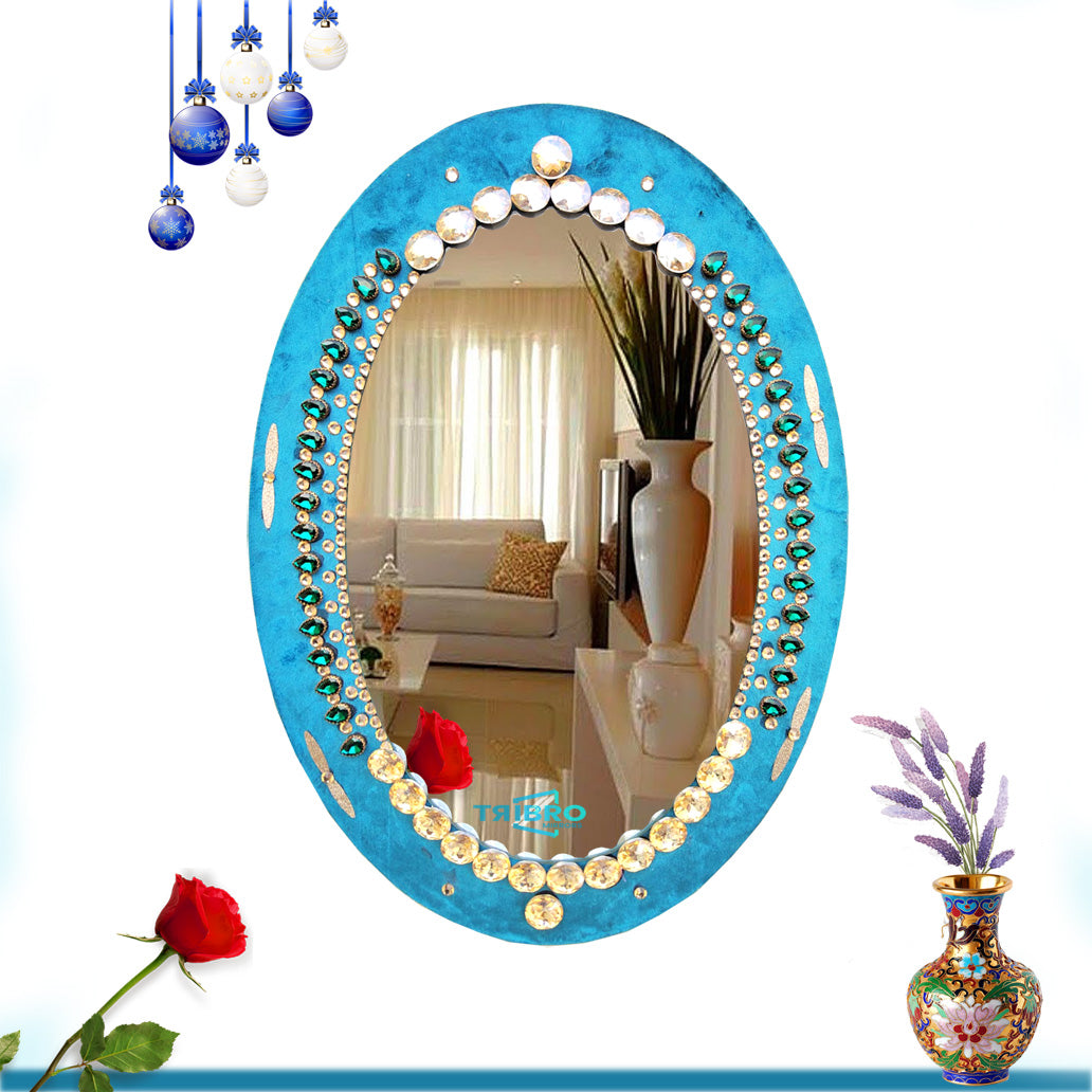 TriBro Oval Shape Luxury Handmade Mirror with Blue Golden and Green color