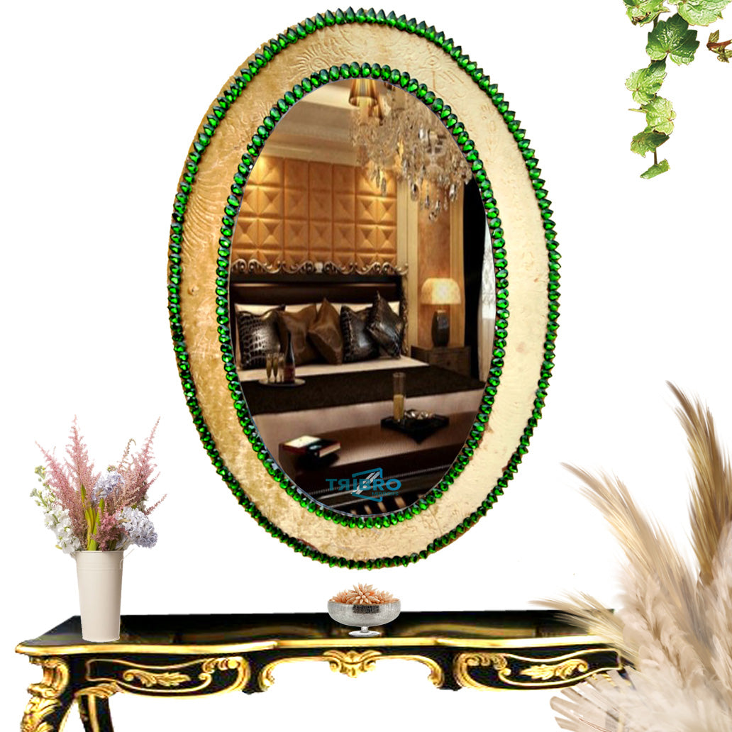 TriBro Oval Shape Handmade Wall Mirror on Gold and Green Color