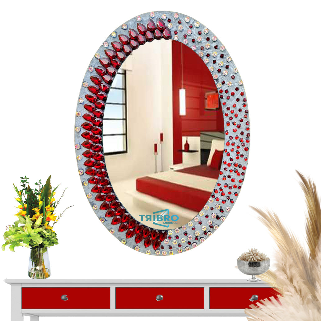 TriBro Oval Shaped Decorative Handmade Mirror in Grey and Red for Bedroom DrawingRoom and hall way