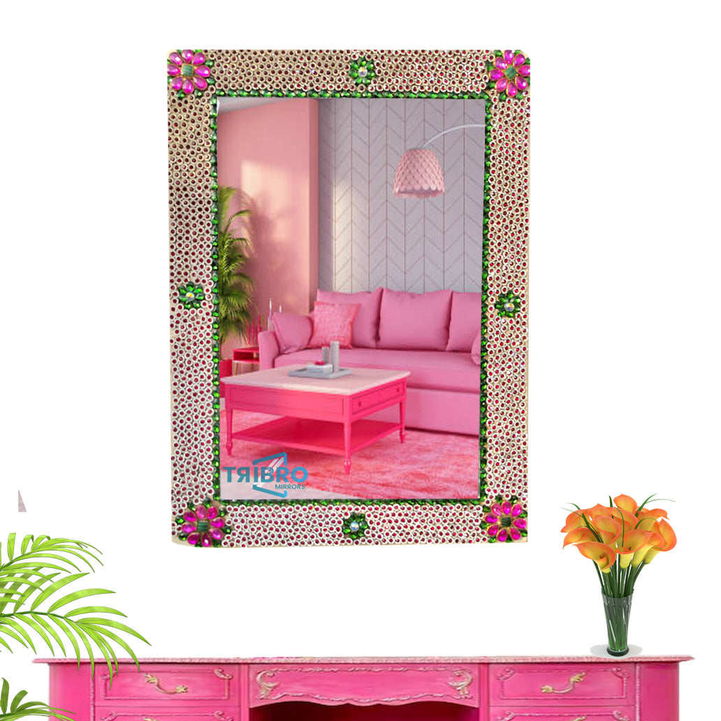 Tribro Rectangle Shape HAndmade Wall mirror in artistic New Design with Red Pink and green color beads