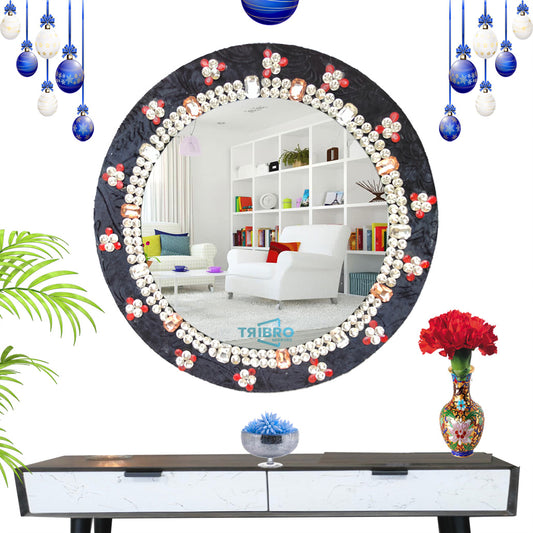 TriBro Round Shape Handmade Mirror in Black and Silver color